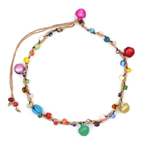 Handmade Multicoloured Beads and Bells Wax Cord Anklet