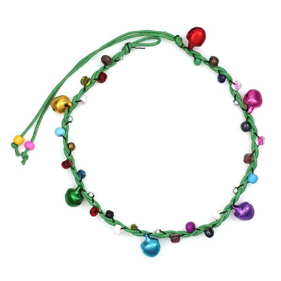 Handmade Multicoloured Beads and Bells Green Wax Cord Anklet