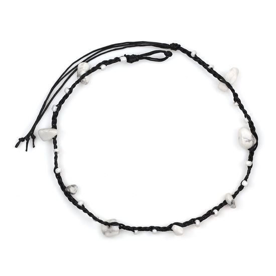 Handmade White Stones and Beads Black Wax Cord Anklet