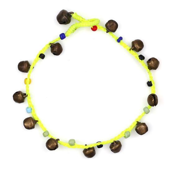 Handmade Multicoloured Beads & Bells Yellow Green Wax Cord Anklet