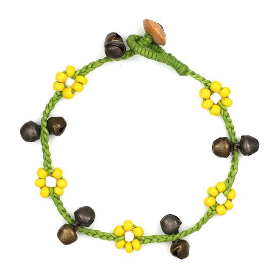 Handmade Yellow Beaded Flower & Bells Green Wax Cord Anklet
