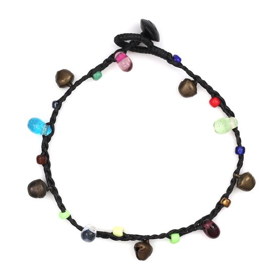 Handmade Multicoloured Beads & Bells Black Wax Cord Anklet