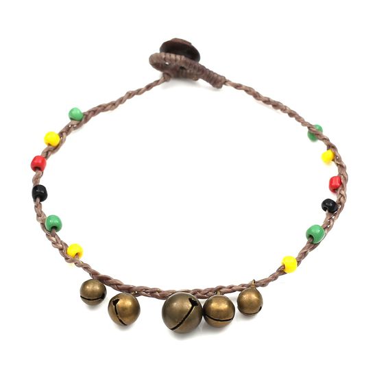 Handmade Multicoloured Beads with Bells Wax Cord Anklet