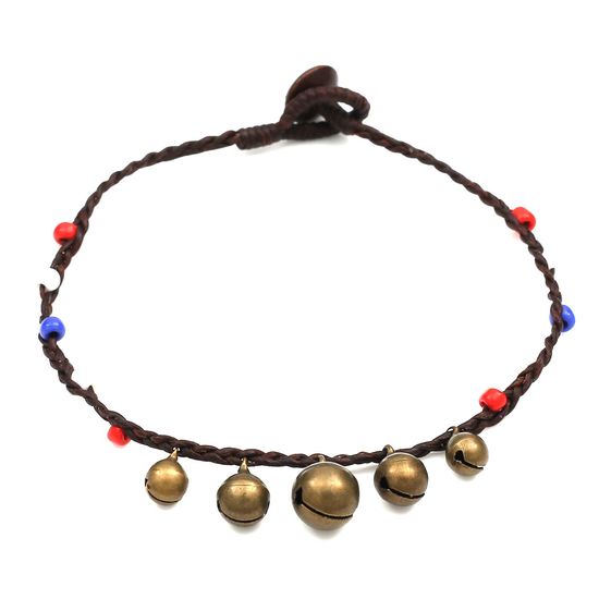 Handmade Red Blue White Beads with Bells Wax Cord Anklet