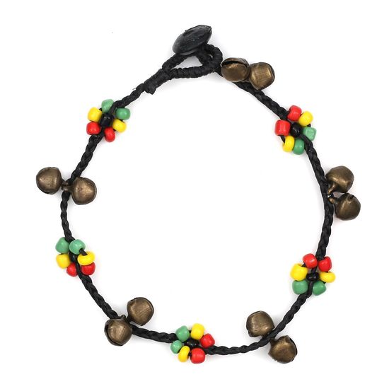 Handmade Rasta-Style Beaded Flower & Bells Black Wax Cord Anklet