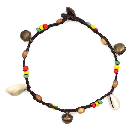 Handmade Rasta Style Beads with Shells and Bells Black Wax Cord Anklet