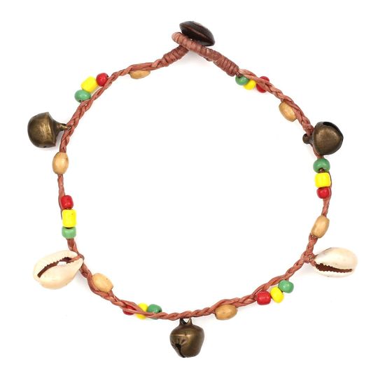Handmade Rasta Style Beads with Shells and Bells Brown Wax Cord Anklet