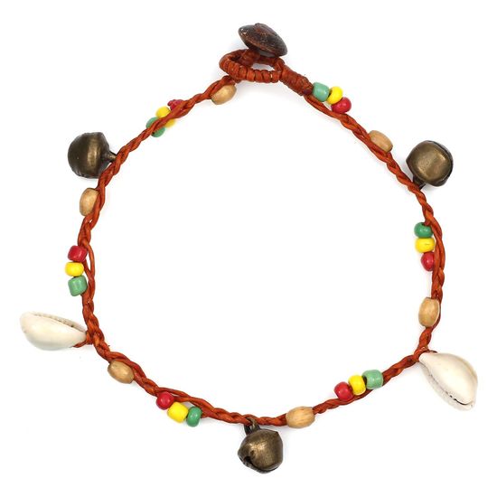 Handmade Rasta Style Beads with Shells and Bells Red Wax Cord Anklet
