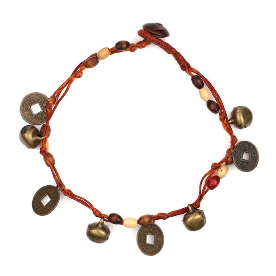 Handmade Wooden Beads with Bells and Medallions Wax Cord Anklet