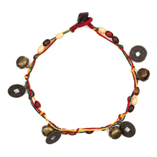 Handmade Wooden Beads with Bells and Medallions Multicoloured Wax Cord Anklet