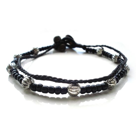 Handmade double string wax cord with black and silver tone beads anklet (25 cm)