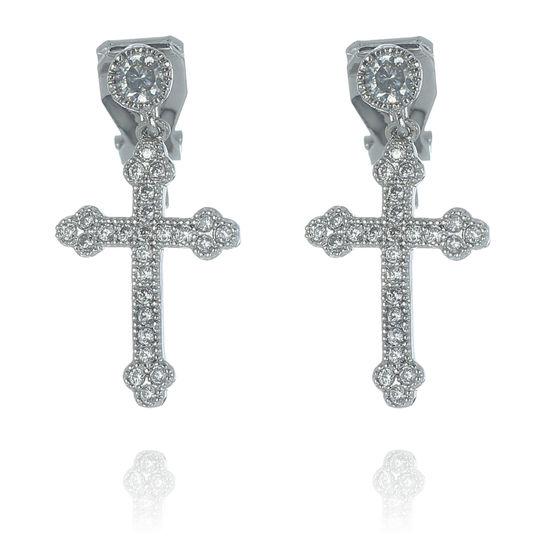 Cross CZ Clip-on Earrings, White Gold-plated