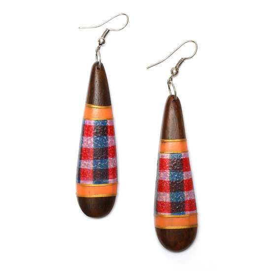 Wooden teardrop shaped drop earrings with gingham pattern