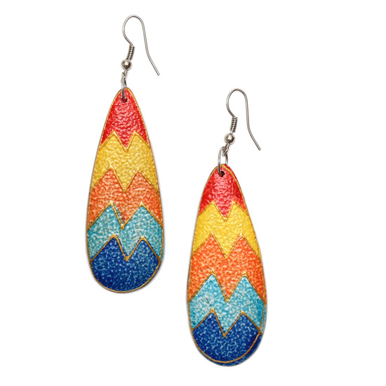 Wooden teardrop shaped drop earrings with sun sea sand colour theme