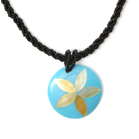 Black bead necklace with turquoise pendant inlaid...