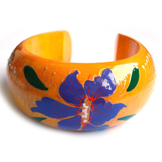 Yellow Bangle with Purple Hibiscus Flower