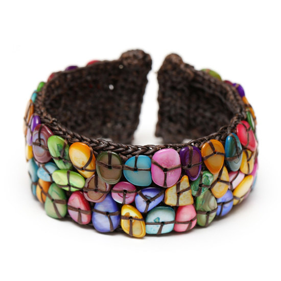 Handmade natural multicoloured stones stitched waxed cord cuff bangle 