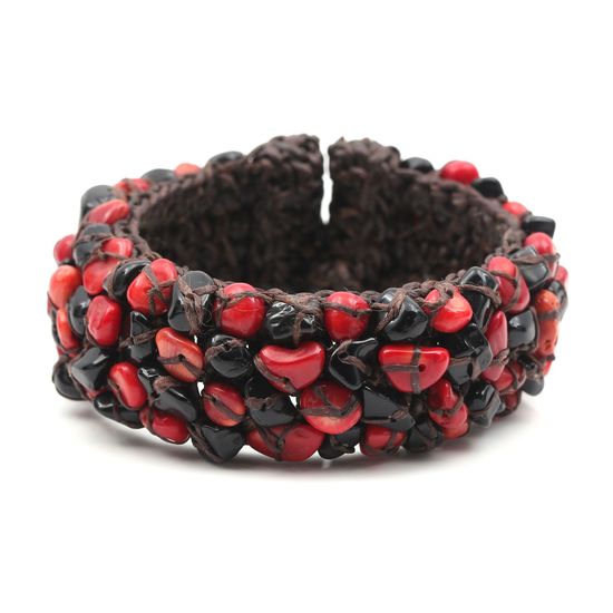 Handmade Red Coral and Black Onyx Stones Threaded Wax Cord Cuff Bangle