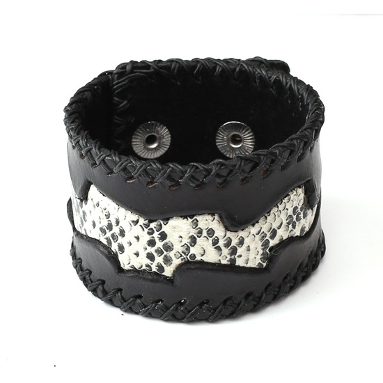 Unisex black braided leather bracelet with snake skin ideal for men and women