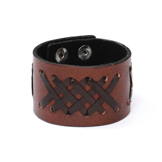 Unisex brown organic leather bracelet with cross stitch laces ideal for men and women 