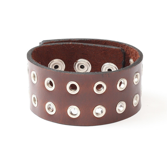 Unisex brown twin perforated with stainless steel organic leather bracelet ideal for men and women