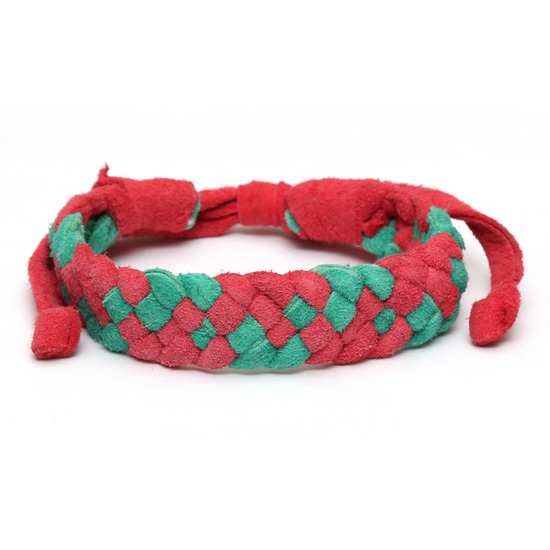 Handmade red and green leather plaited bracelet