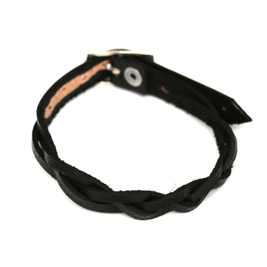 Black plaited leather handmade bracelet with buckles, unisex