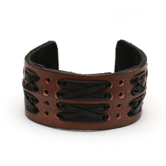 Brown organic leather cuff bracelet with cross...