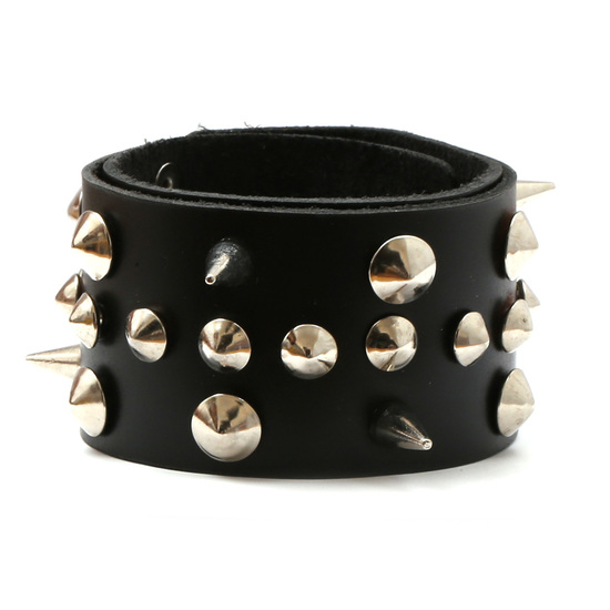 Black leather bracelet with stainless steel spikes and buttons
