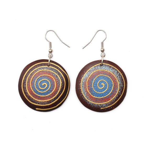 Organic colourful wooden hoop drop earrings with hand-painted spiral pattern