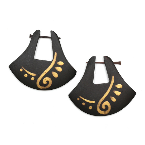 Hand-painted spiral design organic stick carved wood earrings tribal style 