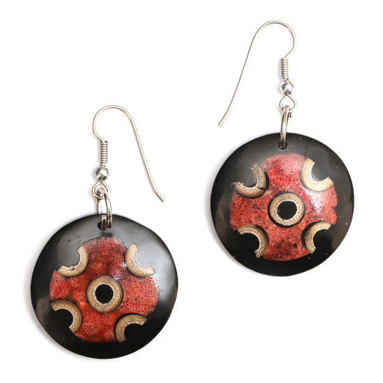 Black and red round resin with shell and bamboo inlaid handmade drop earrings
