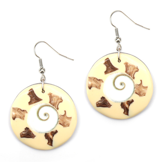 Handmade round resin with spiral shell inlaid drop earrngs