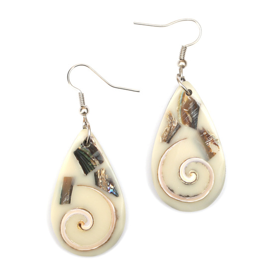 Handmade white teardrop resin with spiral shell inlaid dangle earrings