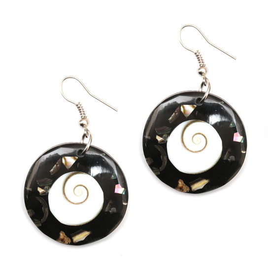 Handmade black resin with spiral shell inlaid drop earrings