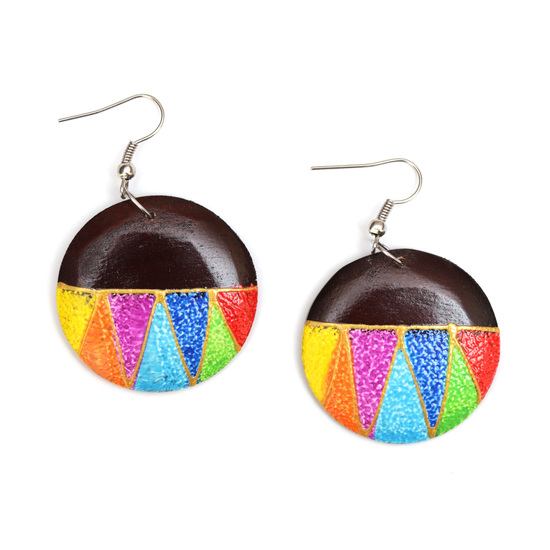 Vibrant hand-painted zig zag rainbow colour disc wooden drop earrings