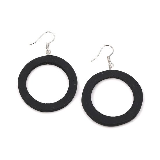 Handmade Black Open Hoop Wooden Drop Earrings