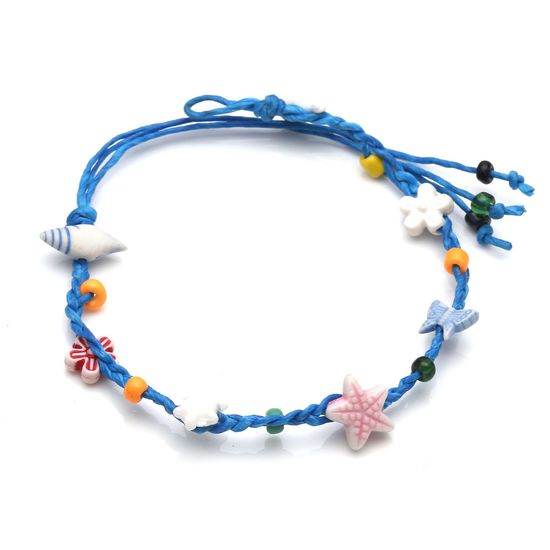 Handmade lovely flowers with colourful beads blue adjustable wax cord bracelet 