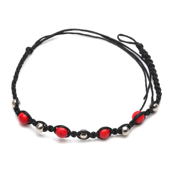 Handmade red and silver-tone beads with black...
