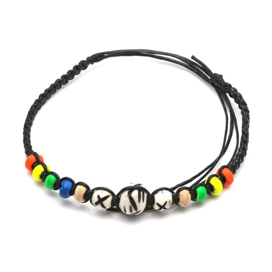 Handmade vibrant wooden beads with black braided...
