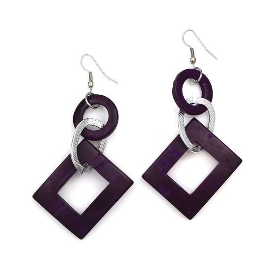 Purple Rectangle Coconut Shell with Hoop and Silver-tone Oval Drop Earrings