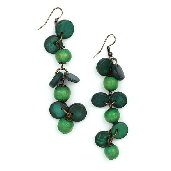 Green Coconut Shell Discs With Wooden Beads Drop Earrings