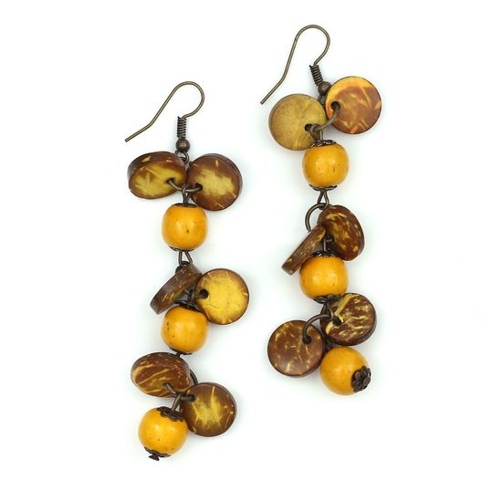 Yellow Coconut Shell Discs With Wooden Beads Drop...