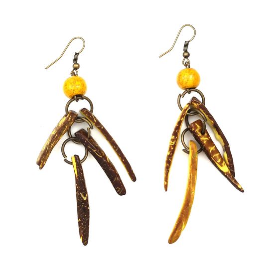 Yellow Coconut Shell Spikes With Wooden Bead Drop Earrings