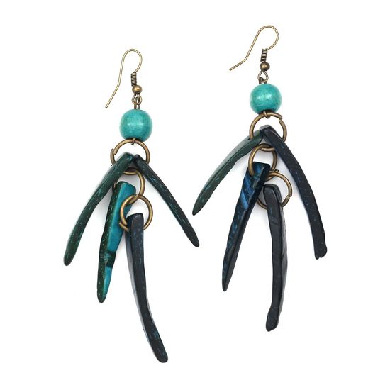 Turquoise Coconut Shell Spikes With Wooden Bead Drop Earrings