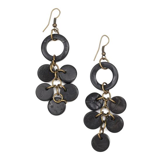 Black Coconut Shell Hoop with Discs Drop Earrings