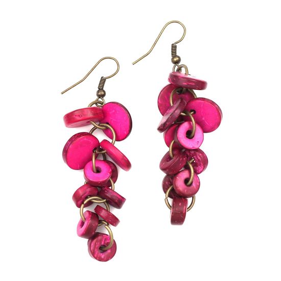 Fuchsia Coconut Shell Discs and Beads Drop Earrings