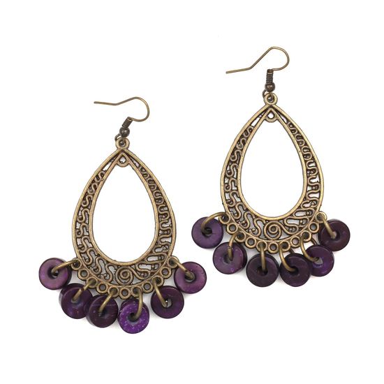 Vintage Brass Filigree Teardrop with Purple Coconut Shell Beads Drop Earrings