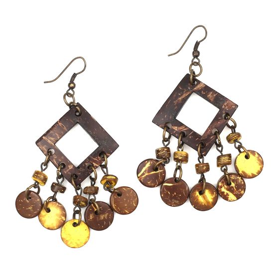 Brown Diamond-shaped with Yellow Coconut Shell Beads Drop Earrings