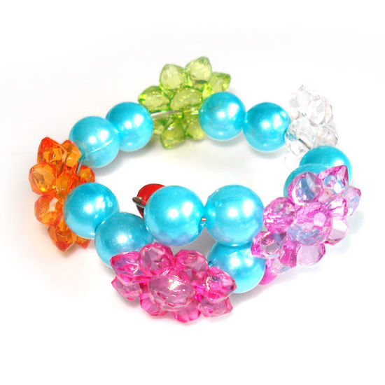 Blue round bead with multi-coloured flower children bracelet